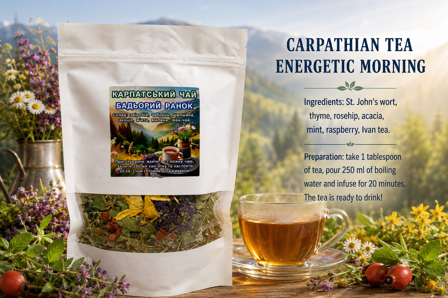 Carpathian Energetic Morning Tea 120g Ivan Tea Rosehip Mint Blend