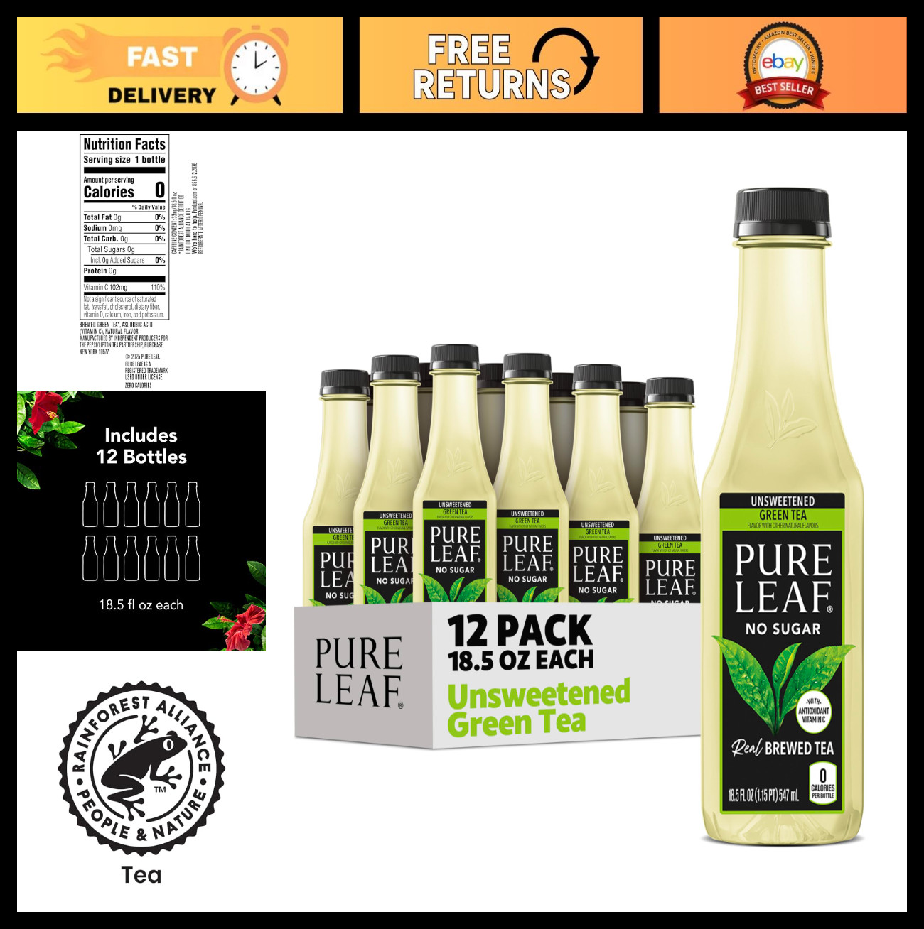 Unsweetened Green Iced Tea – 18.5 fl oz Bottles, Pack of 12 – Refreshing Beverag