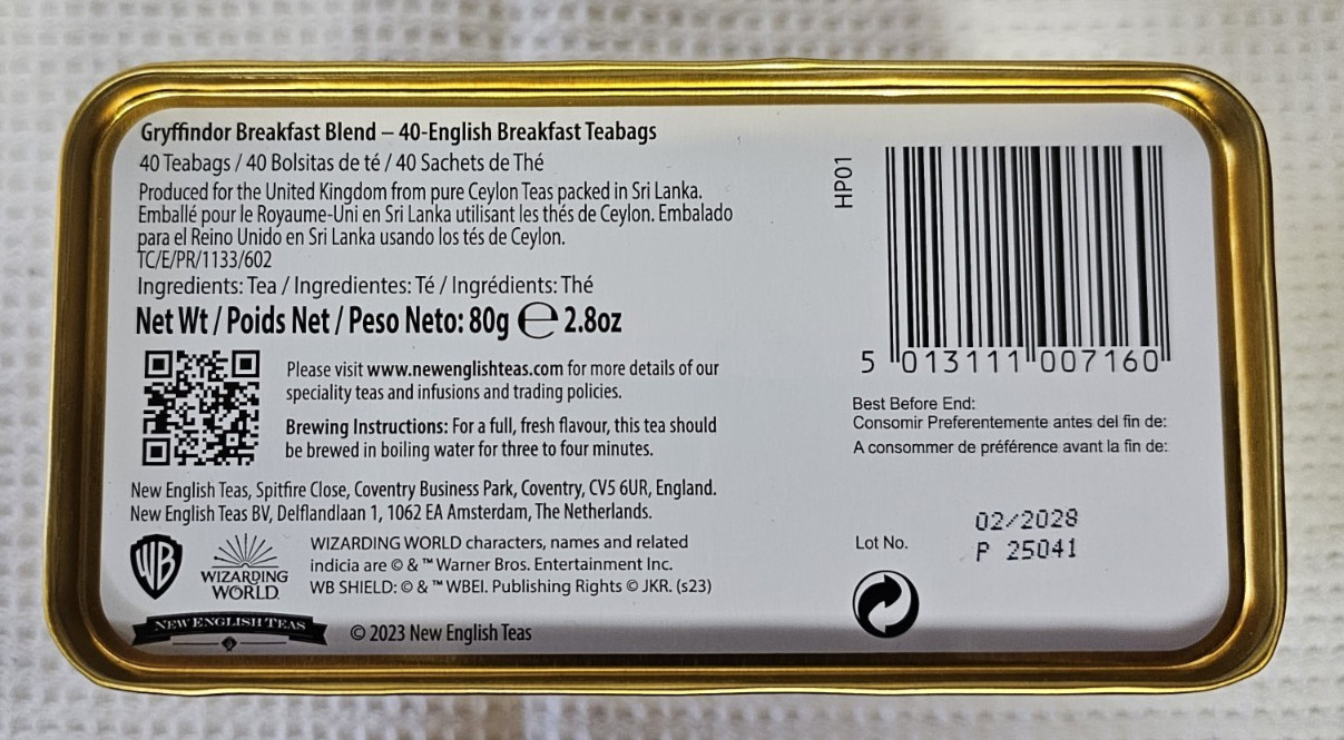Harry Potter Tins of 40 Breakfast Blend Teabags Each-Full SET NEW Sealed
