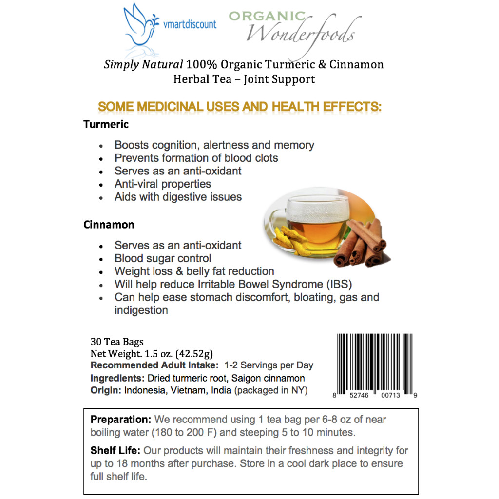Turmeric Cinnamon Herbal Tea (Te de Curcuma y Canela), 30 Tea Bags Joint Support