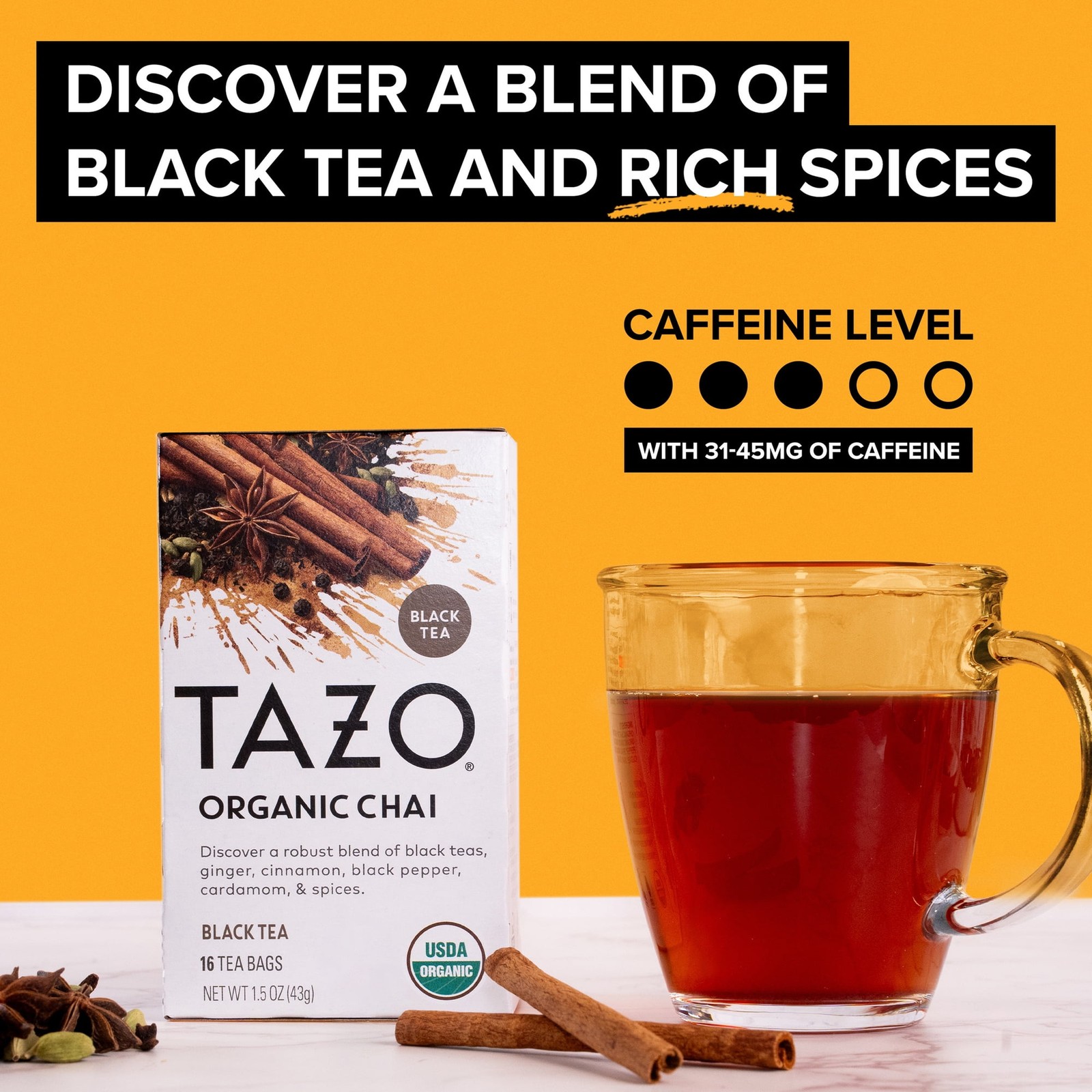 Tazo Organic Chai Black Tea Bags 16 Ct Box (Pack Of 4 Lot) – (64 Total Tea Bags)