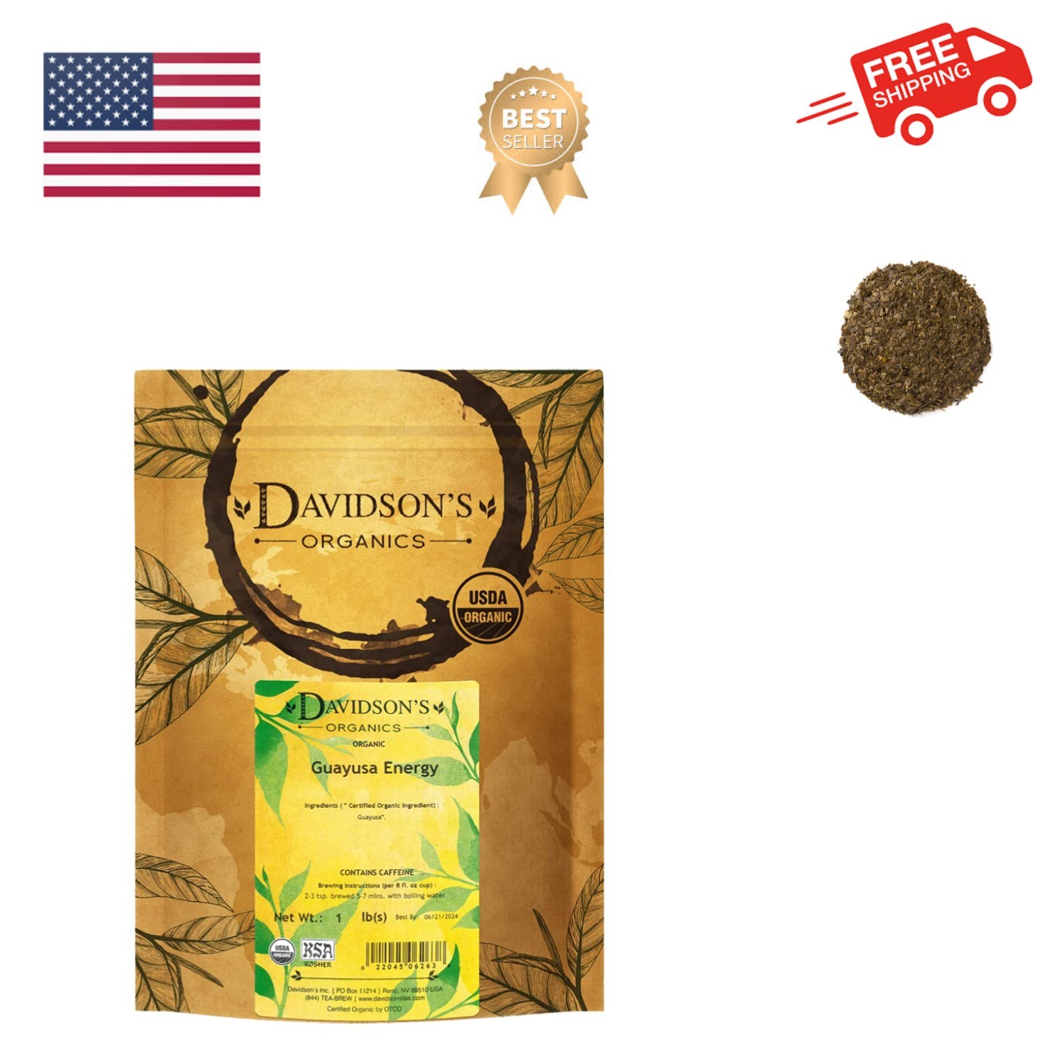 Organics, Guayusa Energy, Loose Leaf Tea, 16-Ounce Bag