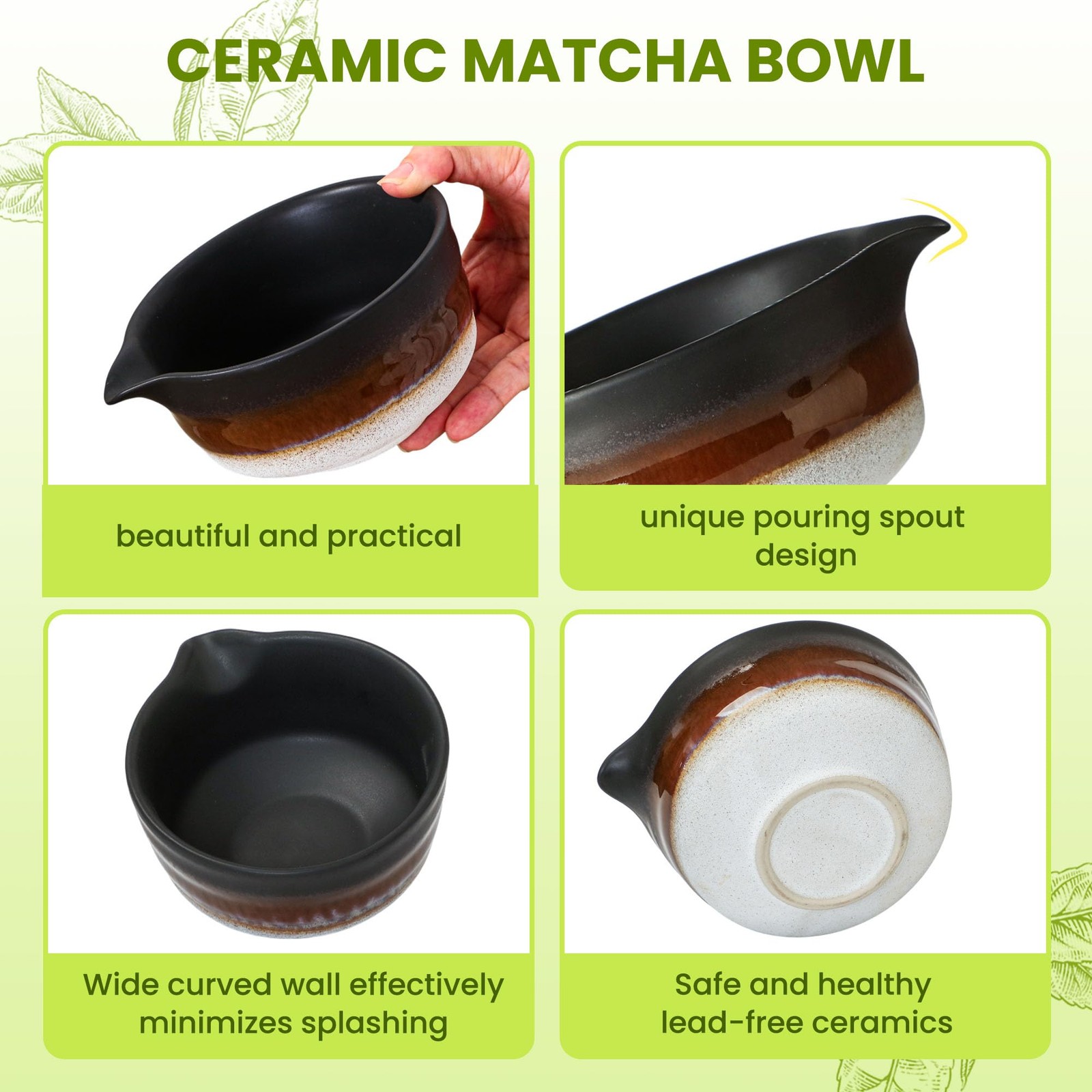 Matcha Whisk Set Desert Style Ceramic Bowl Kit 7 Pc for Beginners Matte Black