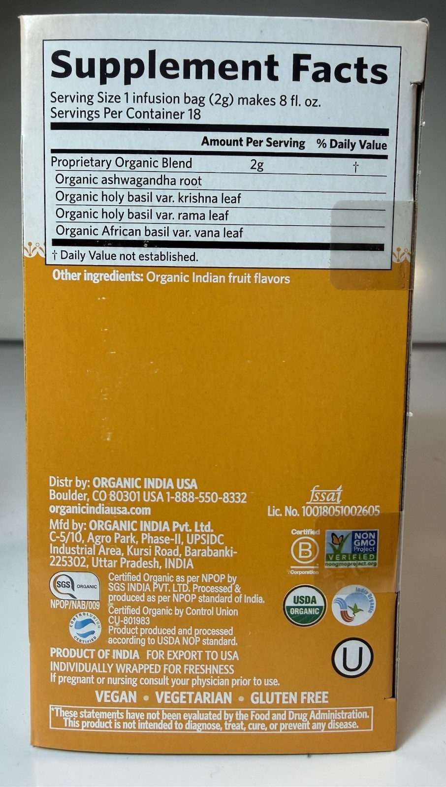 Tulsi Ashwagandha Tea, Caffeine Free, 18 Infusion Bags, 1.27 oz (36 g)