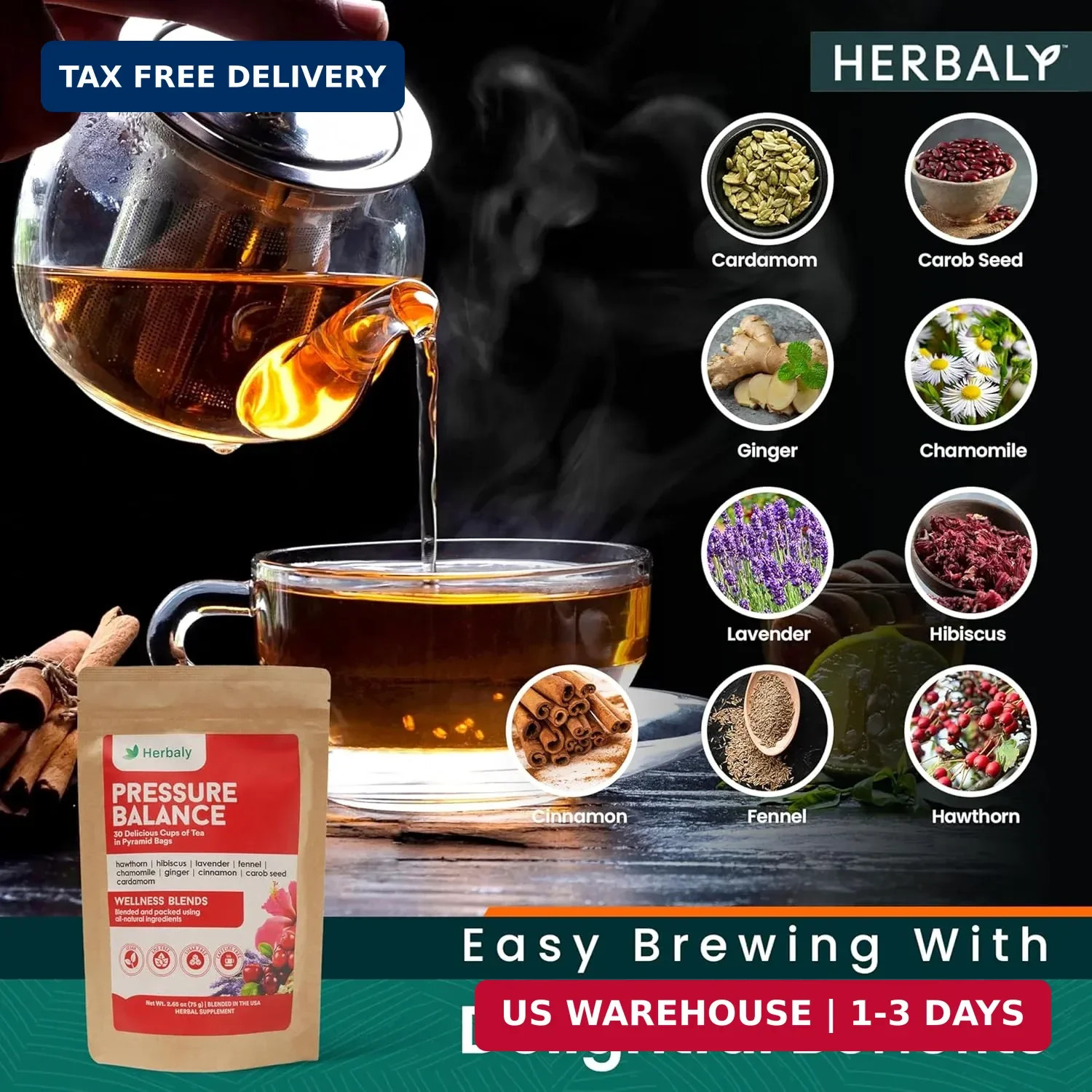 Herbaly Heart Functional Tea,9 Superherbs,Organic,Sugar Free,Caffeine-Free,1Pack