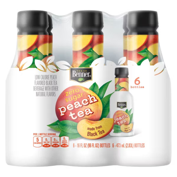 Benner Diet Peach Flavored Iced Tea – 6 pack, 16 fl oz – Pack of 3