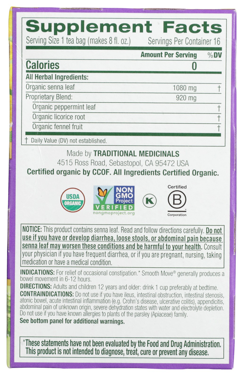 Traditional Medicinals Organic Smooth Move Senna Peppermint Tea 16 Bags 3 Pack