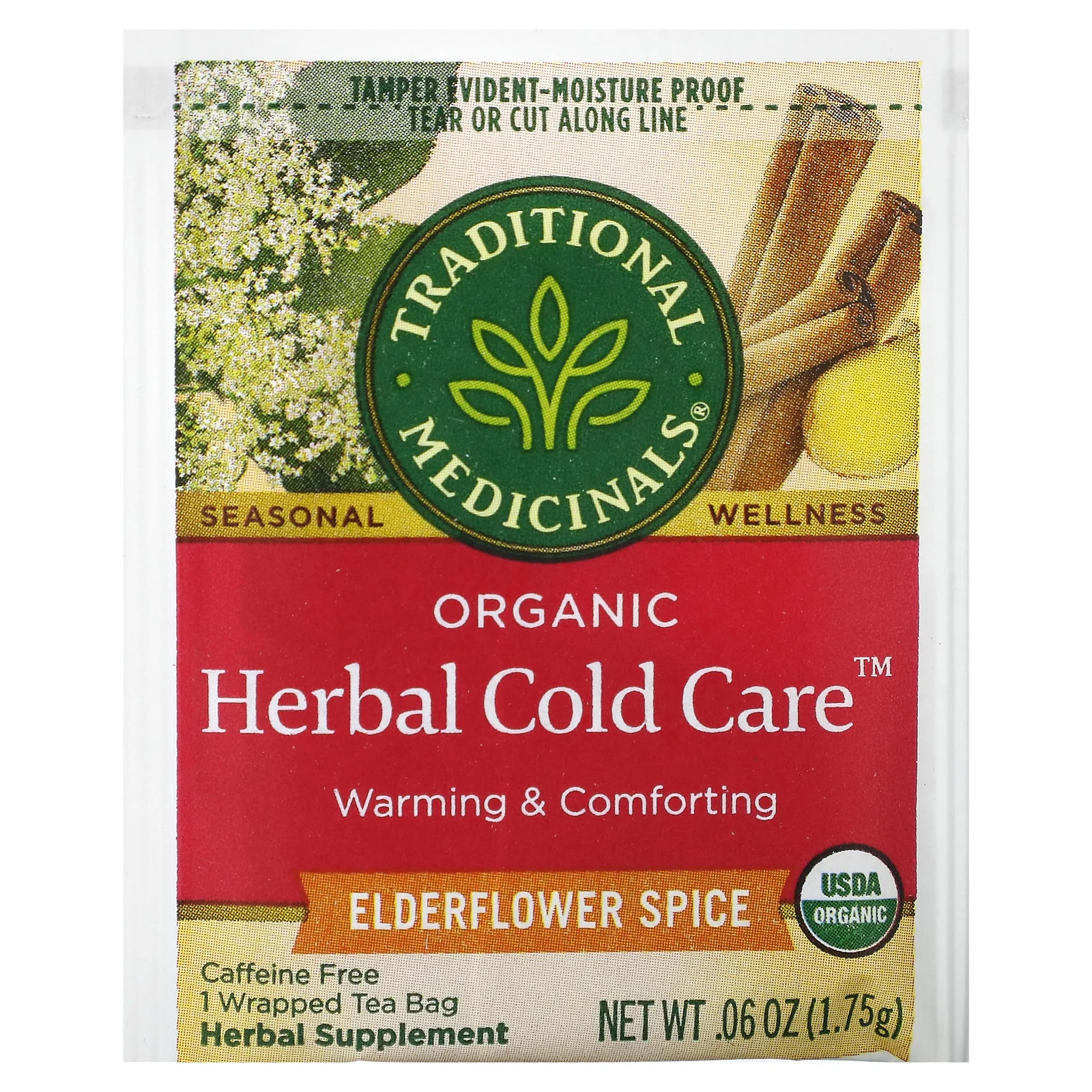 Organic Herbal Cold Care, Elderflower Spice, Caffeine Free, 16 Wrapped Tea Bags,