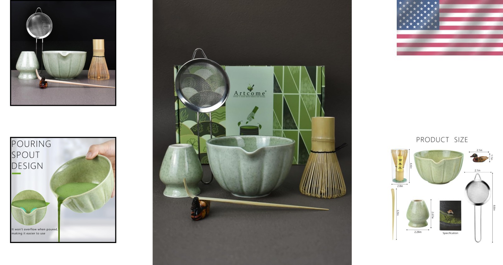 Japanese Matcha Set, Matcha Bowl with Pouring Spout, Matcha Whisk, Tea Scoop, Wh