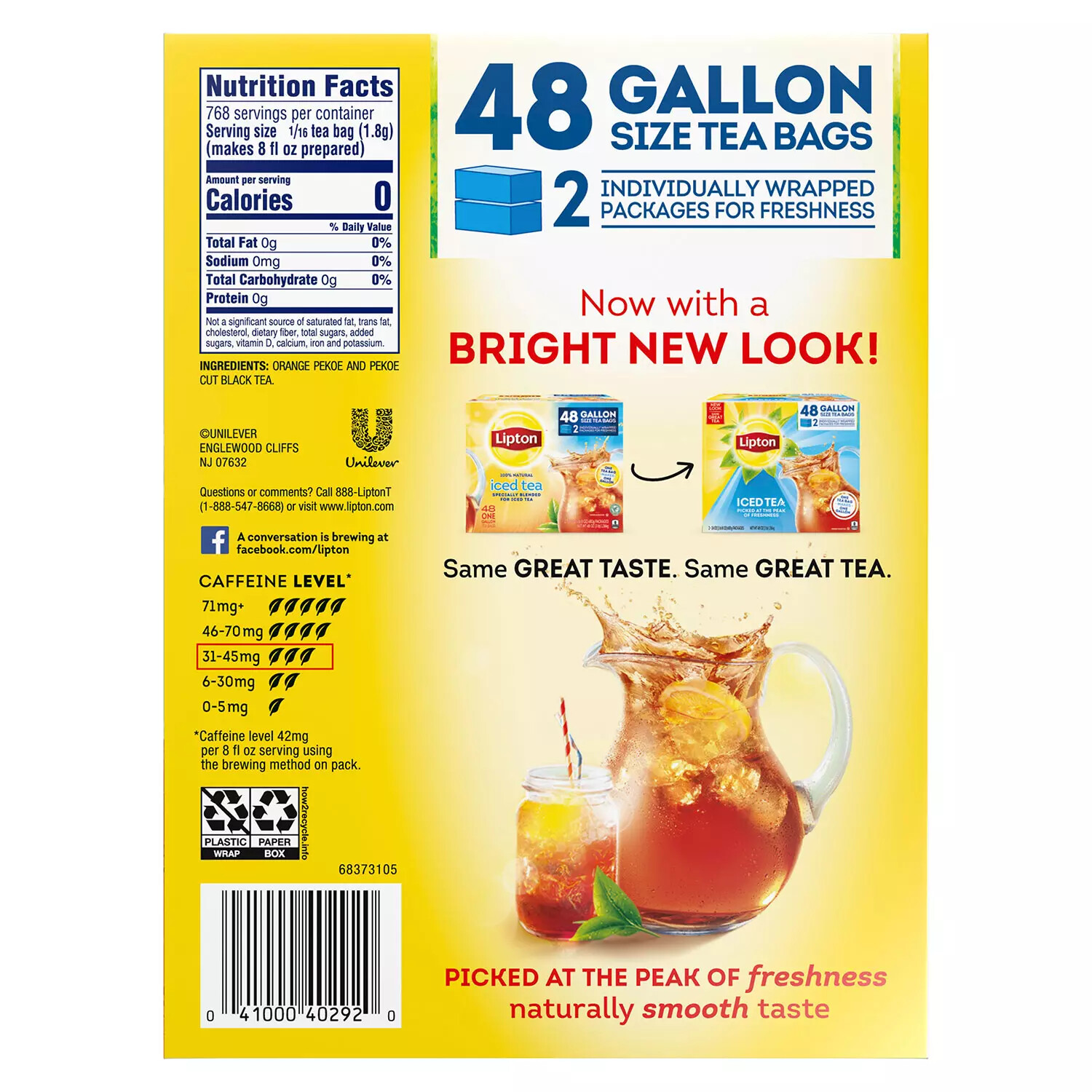 (ONE BOX) LIPTON ICED TEA BAGS GALLON FAMILY SIZE, UNSWEETENED, PEKOE (48 BAGS)
