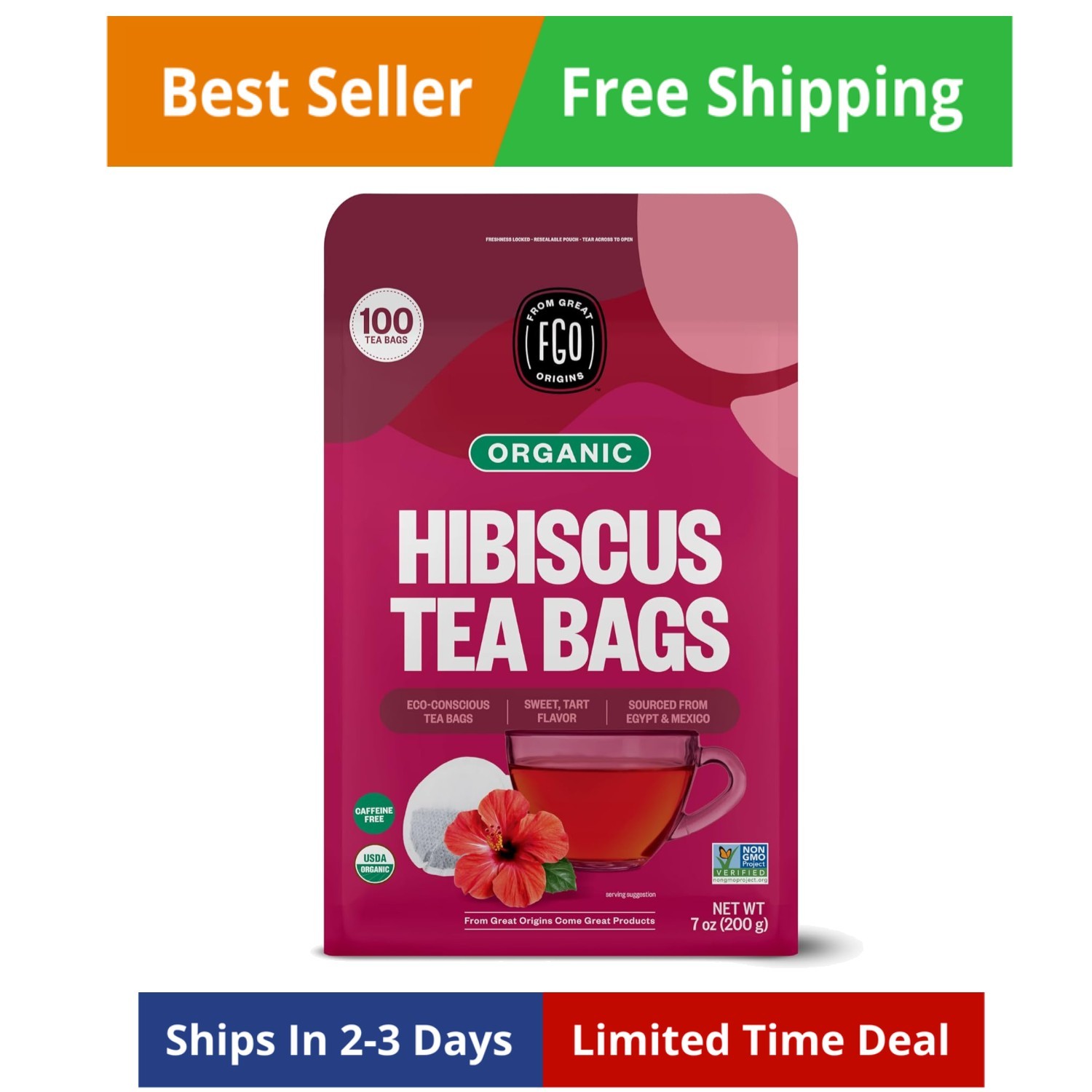 Organic Hibiscus Tea, 100 Count, Eco-Conscious Tea Bags, Caffeine Free, Packa…