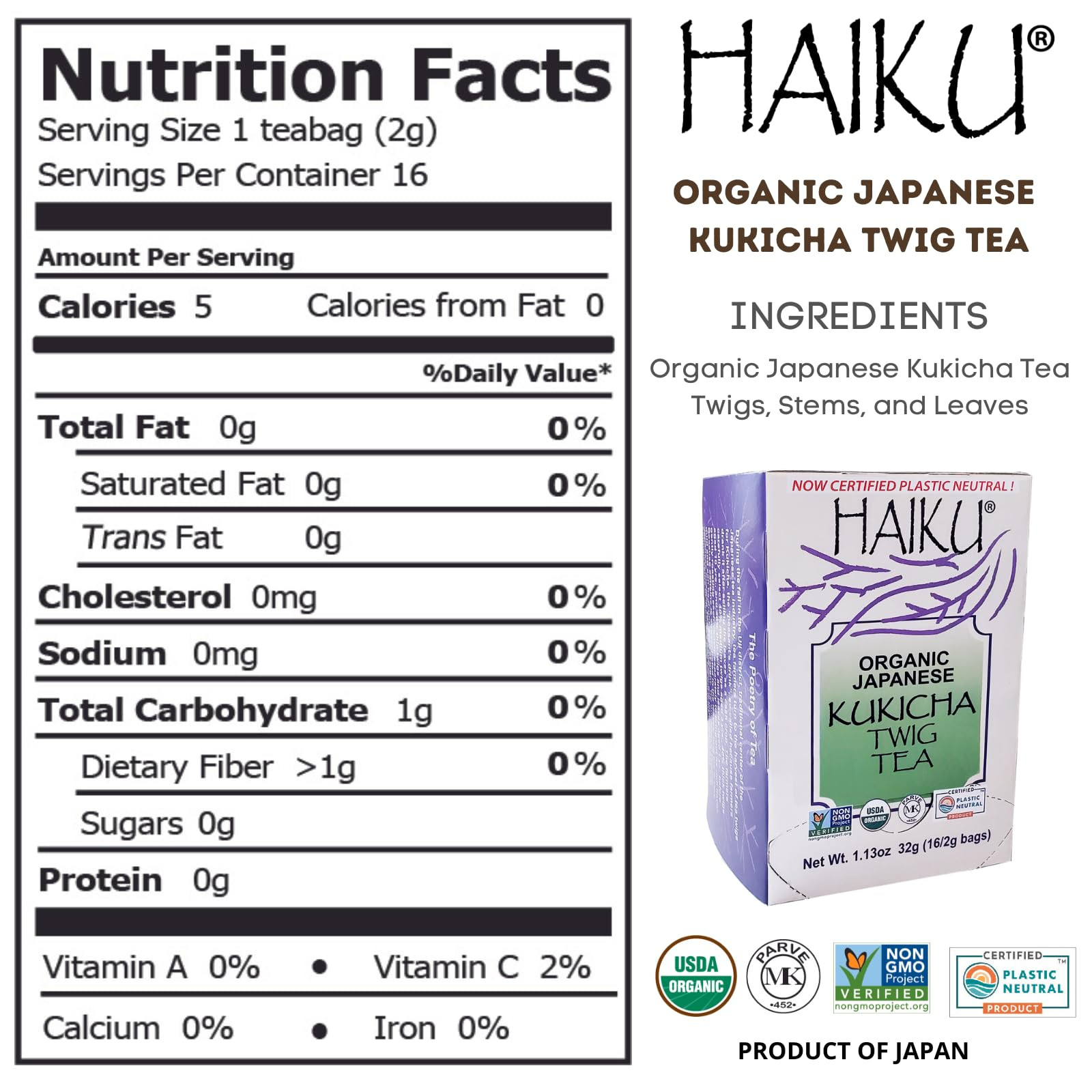 Organic Japanese Kukicha Twig Tea 16 Count Low Caffeine Hot Cold Beverage