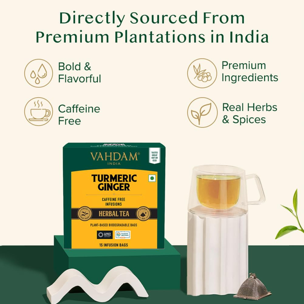 VAHDAM, Turmeric Ginger Herbal Tea Bags (15 Pyramid Tea Bags) Caffeine Free, Non