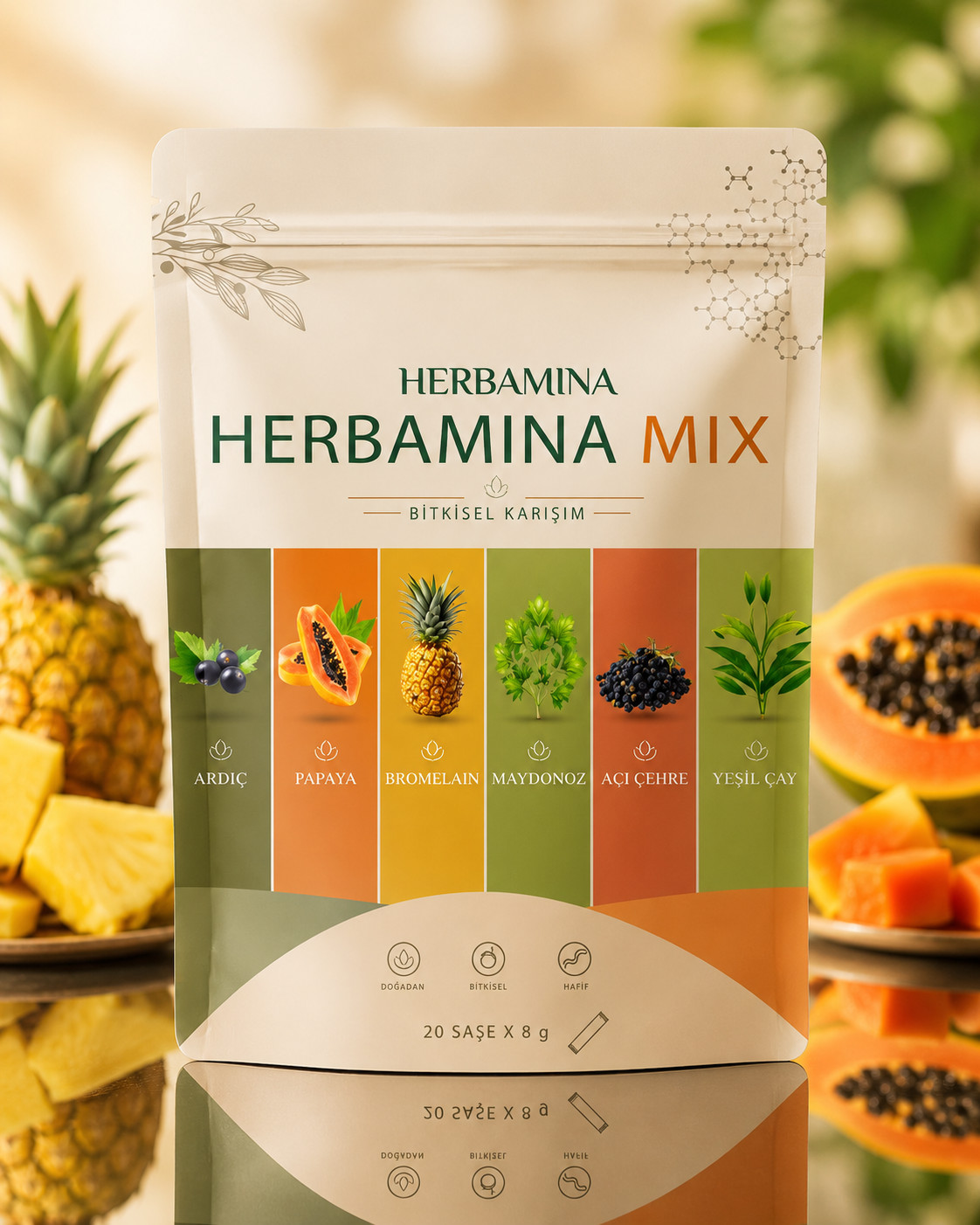 Herbamina Mix Herbal Tea Drink Powder with Papaya, Pineapple & Green Tea – 20pcs