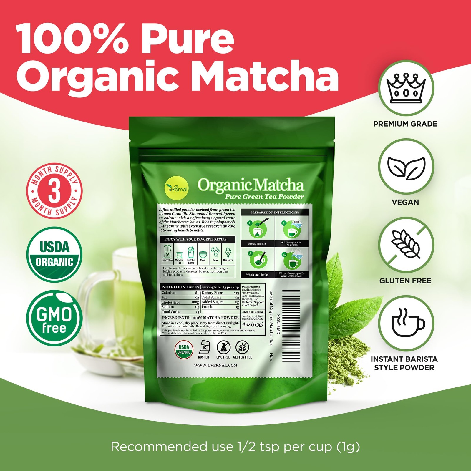 uVernal Organic Matcha Green Tea Powder – 100% Pure 4 Ounce (Pack of 1)