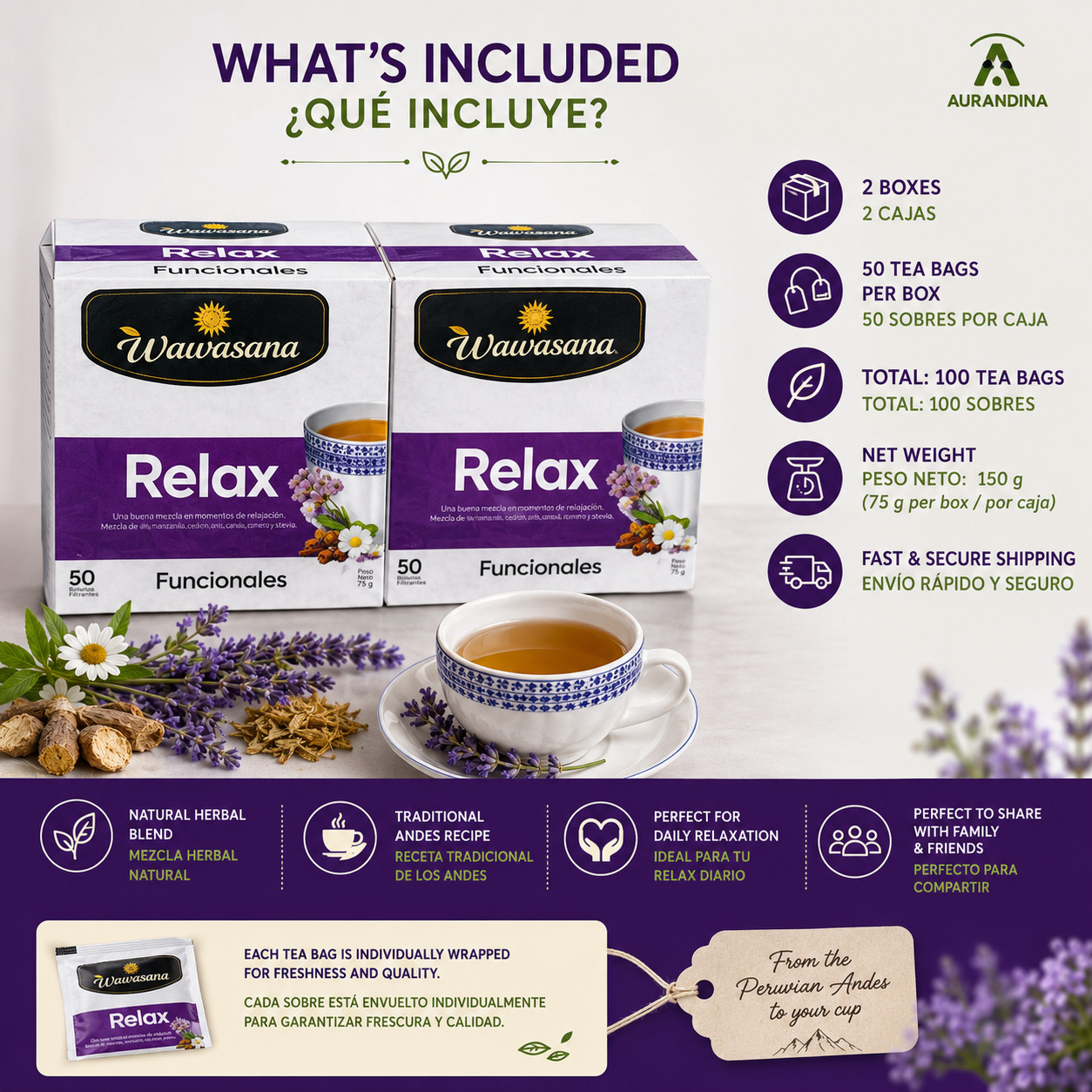 2 Pack Wawasana Relax Herbal Tea 50 Bags Natural Calm Sleep Blend Peru Chamomile
