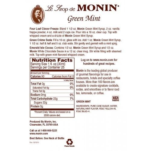 Monin Green Mint Syrup (750mL), H-Mint, Green