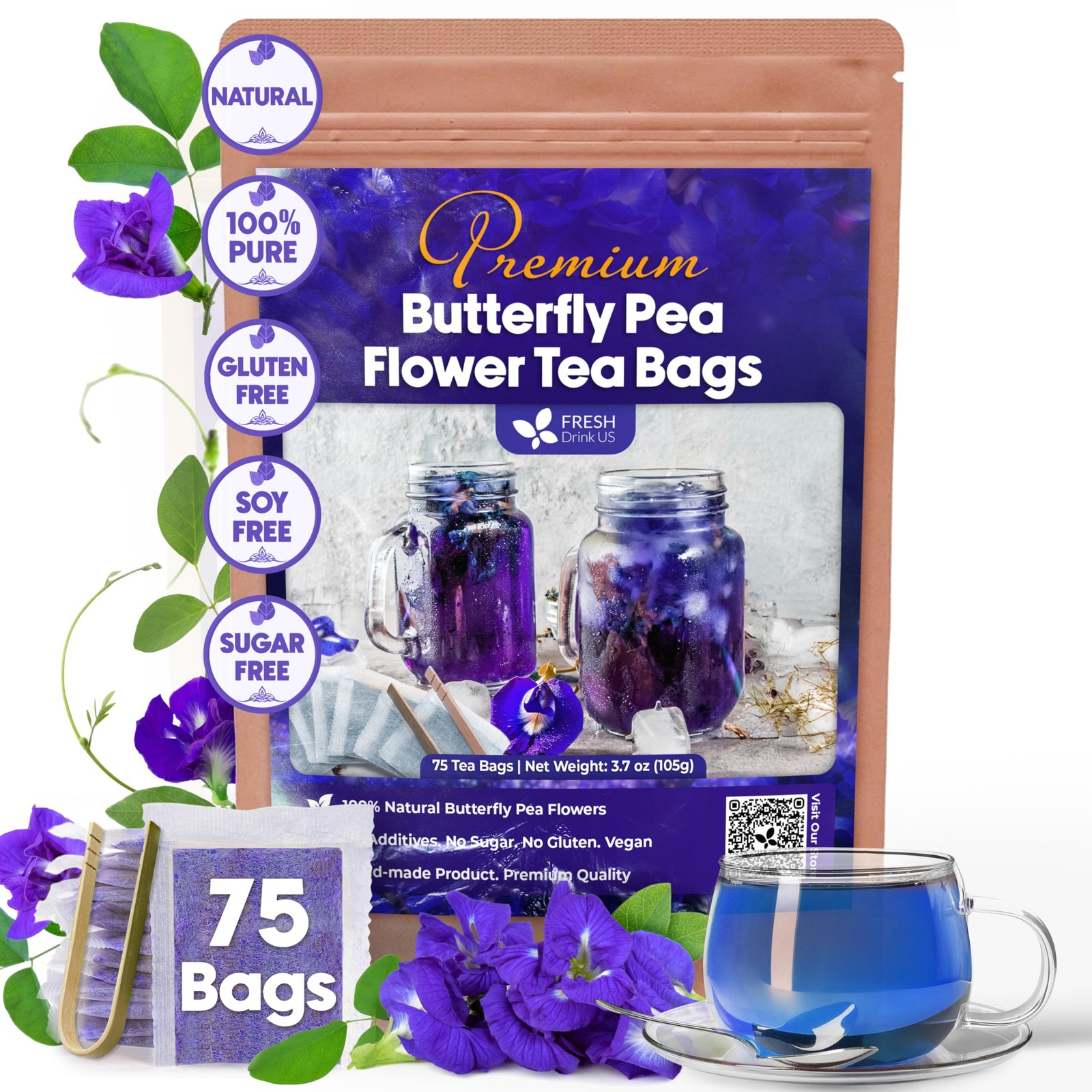 FreshDrinkUS, Premium 75 Tea Bags Blue Butterfly Pea Flowers, 75