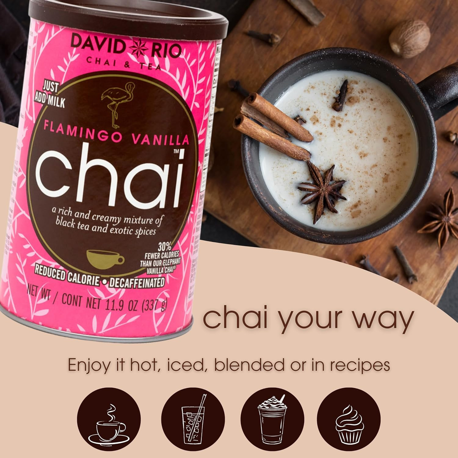 Flamingo Vanilla Decaffeinated Reduced Calorie Chai Tea Latte Mix, 48 Oz, Decaf