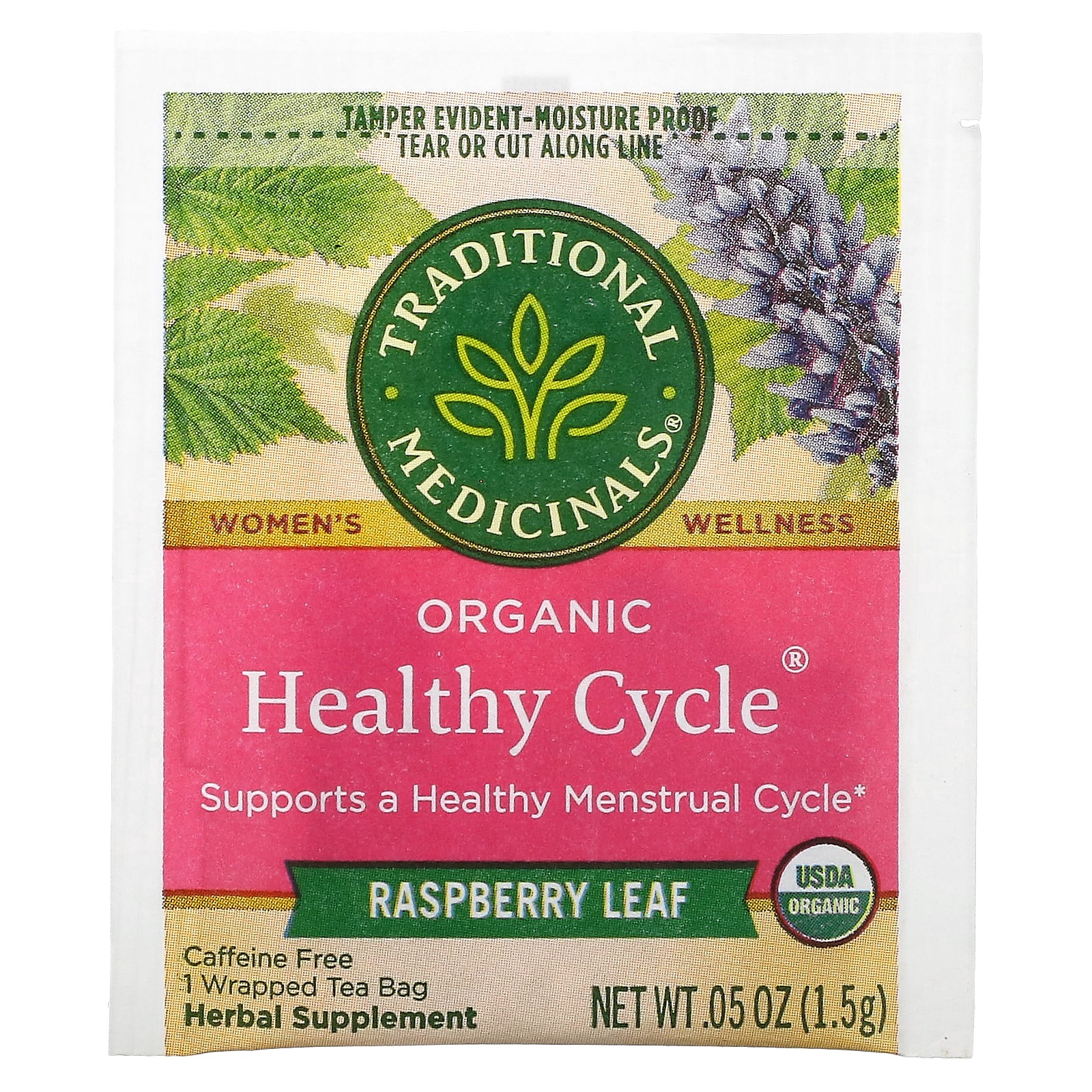 Organic Healthy Cycle, Raspberry Leaf, Caffeine Free, 16 Wrapped Tea Bags, 0.85