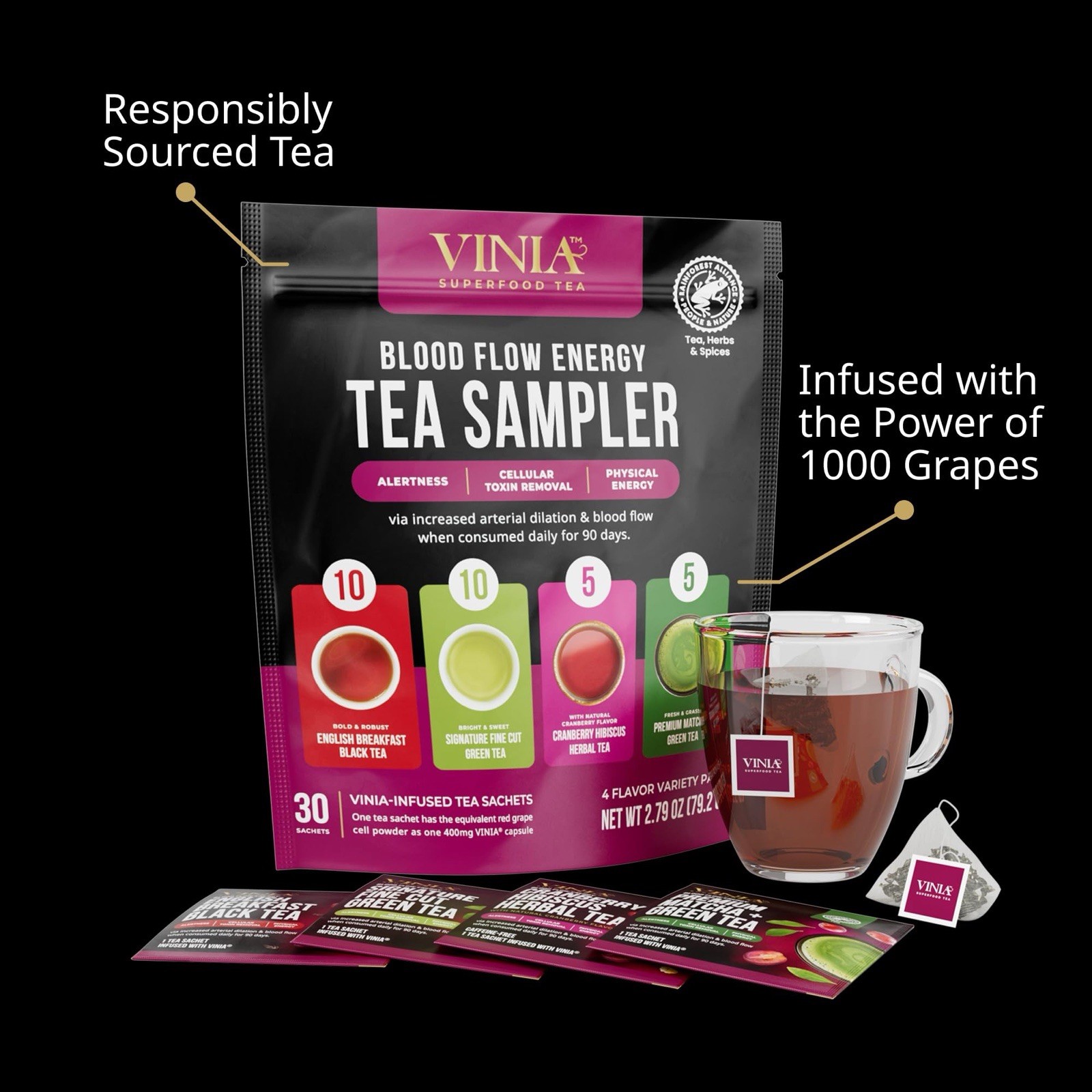 VINIA Tea Sampler, 4 Flavor Variety Pack. Made with organic Teas