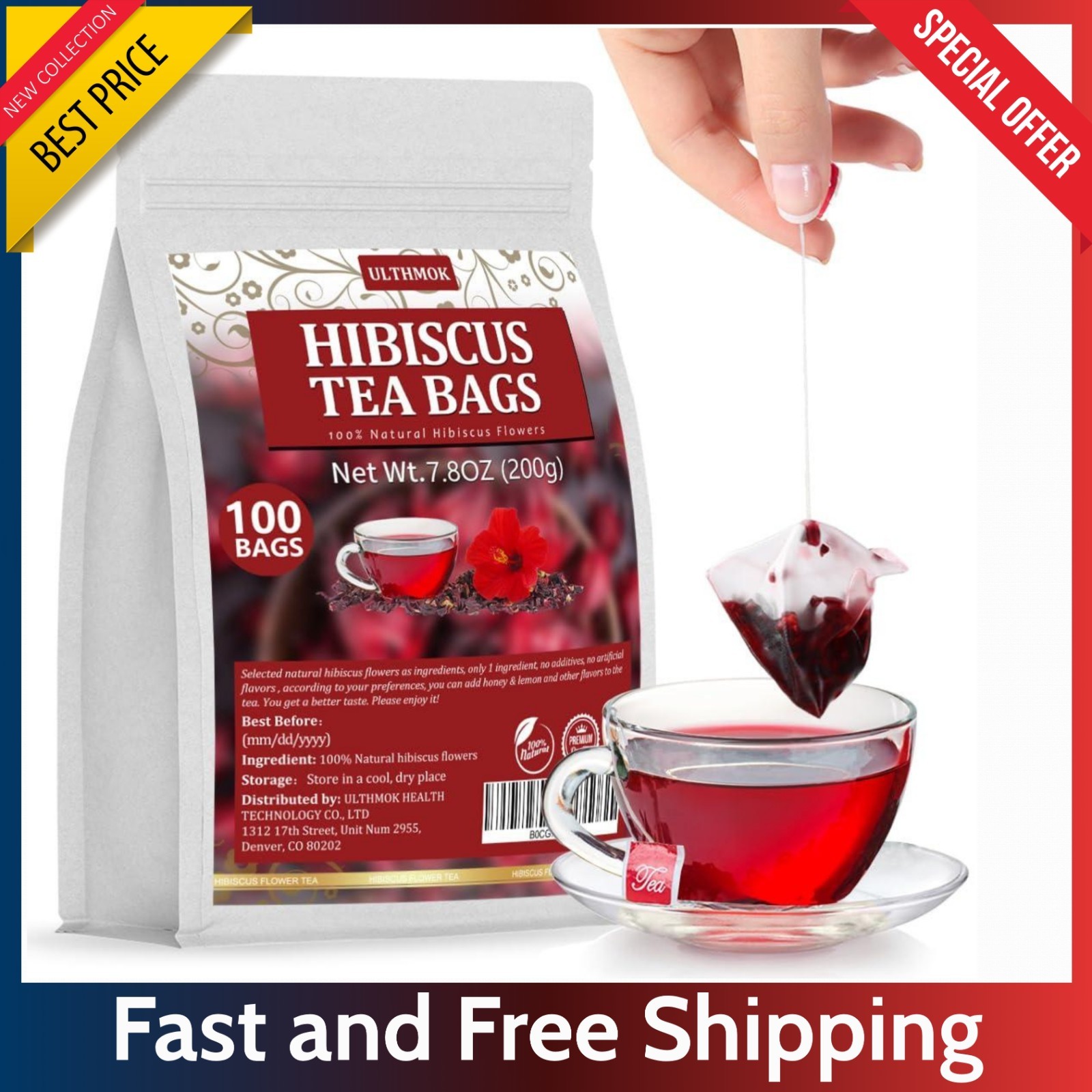 Premium Hibiscus Tea Bags 100 Ct – Pure Dried Flower Caffeine Free Natural Tea..