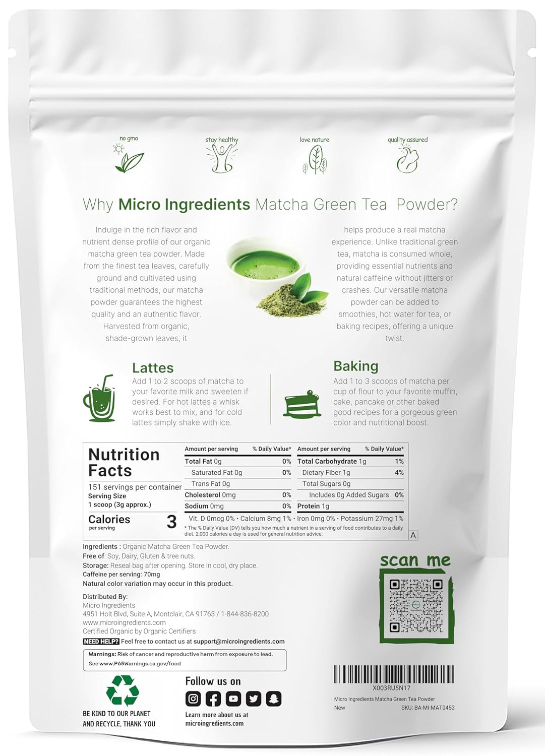 Micro Ingredients Organic Matcha Green Tea Powder, First Harvest, Culinary Grade