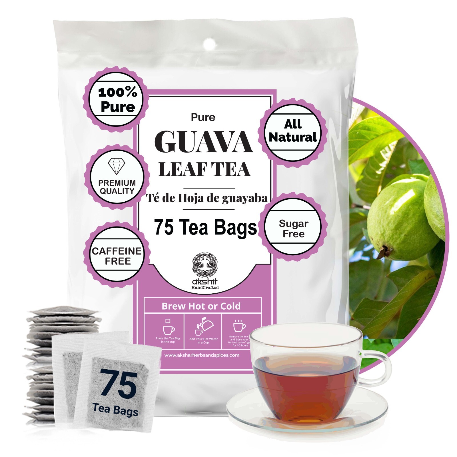 75 Guava Leaves Tea Bags 100% Pure Guava Leaf Tea, Herbal Tea Diabetic Guava Tea