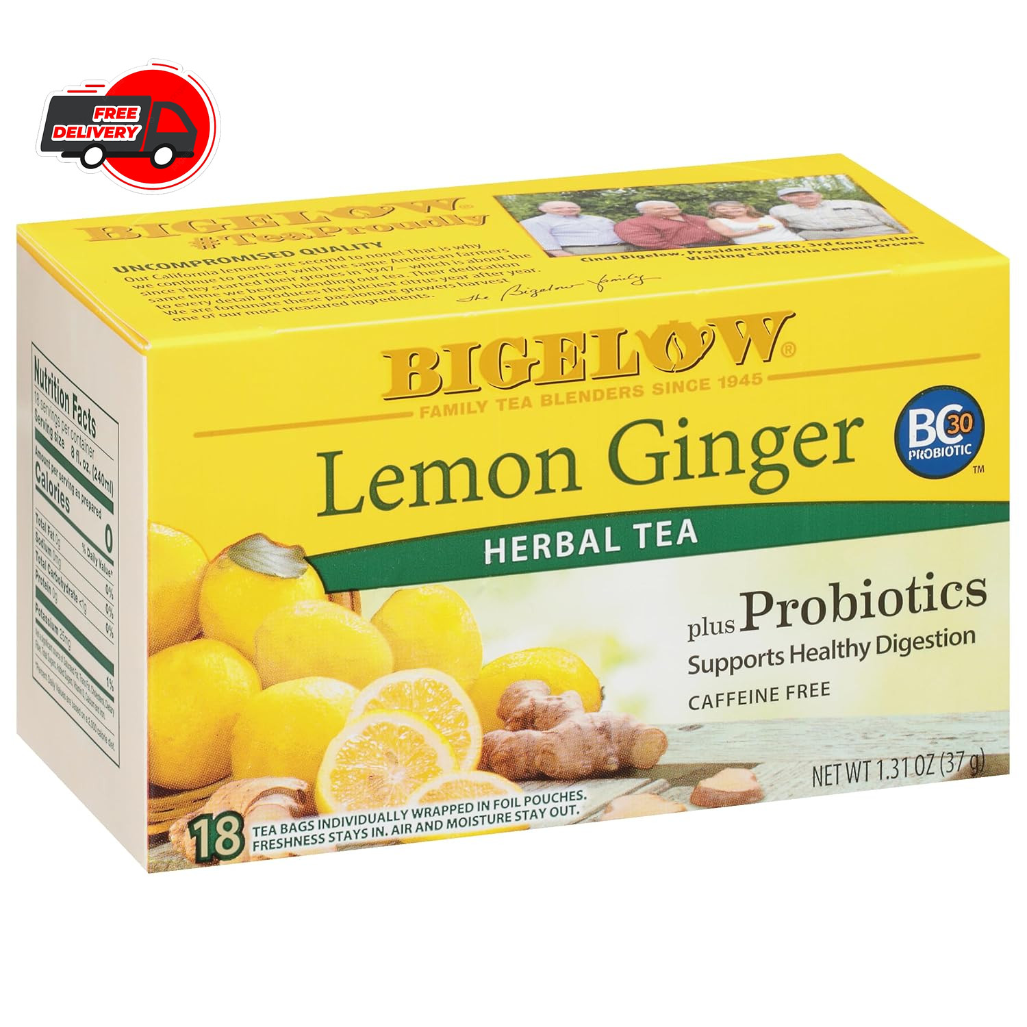 Bigelow Lemon Ginger with Probiotics, 18 Count Box, Pack of 6 Boxes, 108 Tea