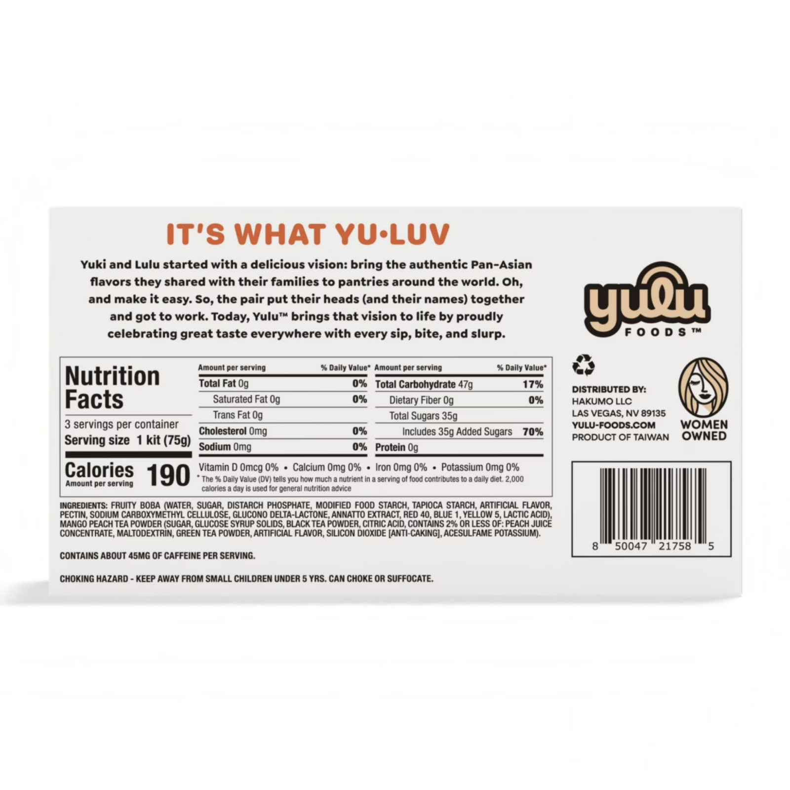 Yulu Instant Boba Mango Peach Tea, Bubble Tea Kit, 3 Drinks