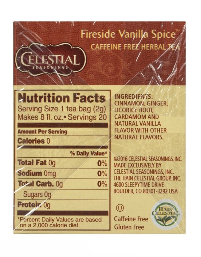 Celestial Seasonings Fireside Vanilla Spice Herbal Tea Bags, 20 Count.