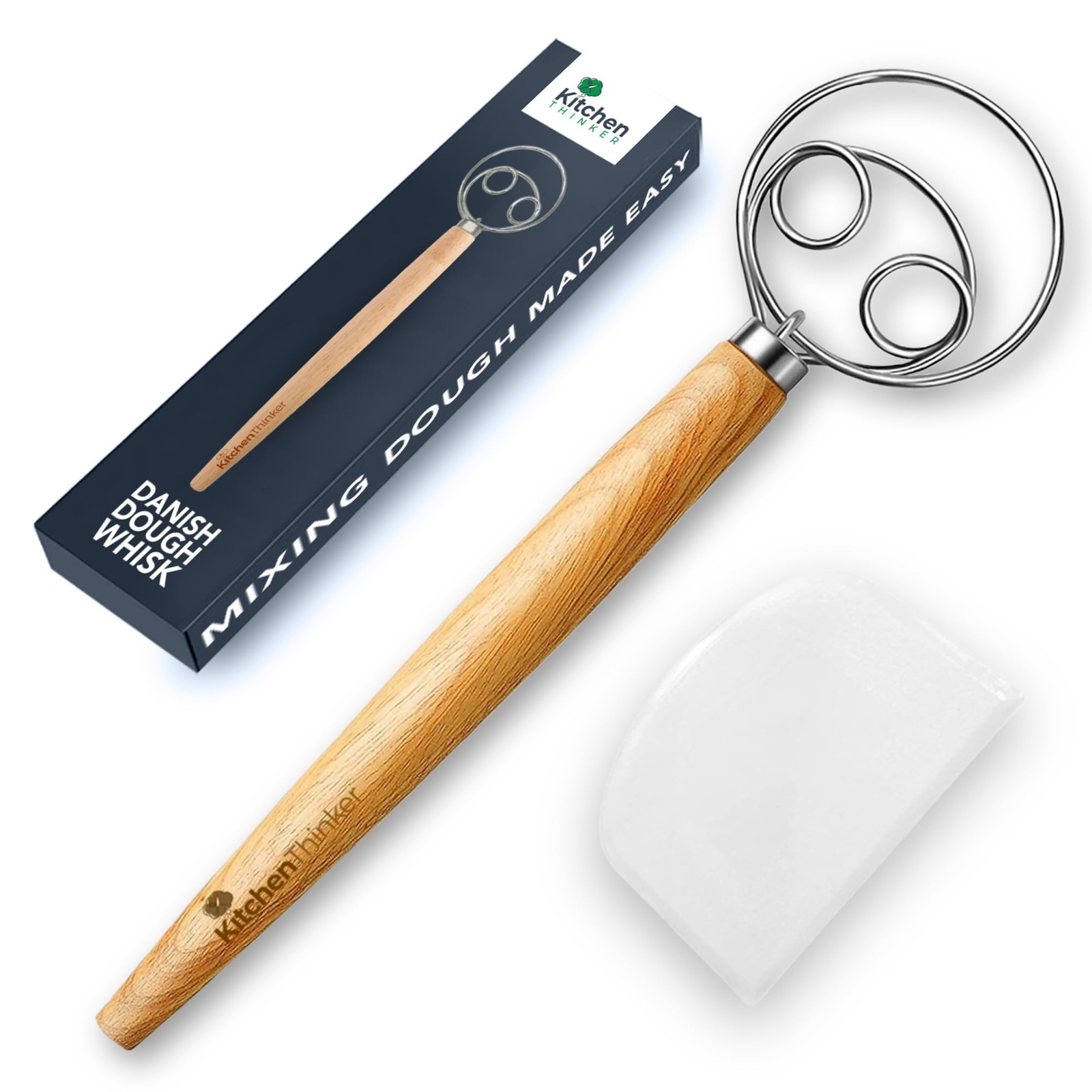 13 Inch Danish Dough Whisk with Scraper, Dutch Bread Large, Wooden