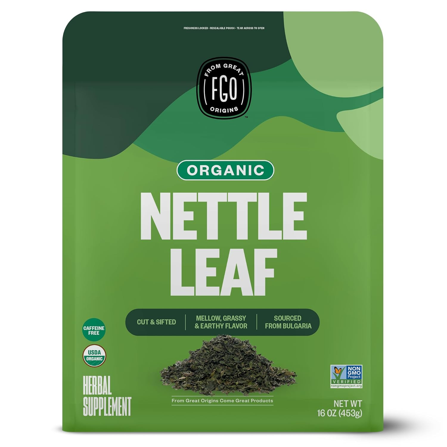 Organic Nettle Leaf Loose Tea, Cut and Sifted, Caffeine Free, 16Oz Bulk Resealab