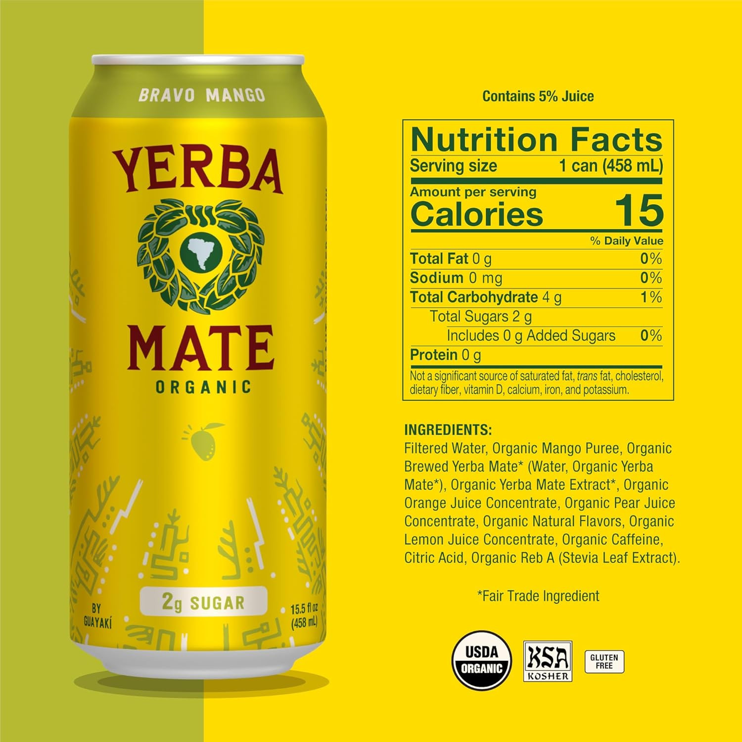 Yerba Madre Organic Yerba Mate, Energy Drink Alternative, Bravo Mango, Low Sugar