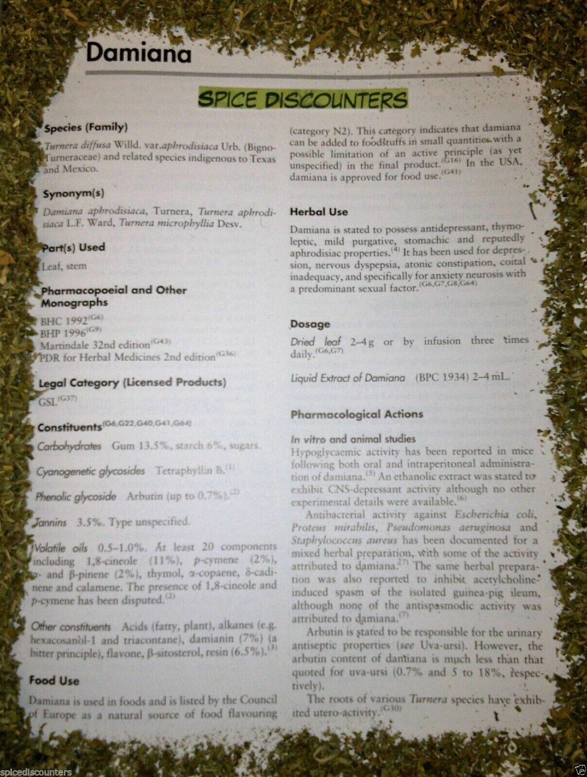 DAMIANA leaves w/c wild crafted leaf cut c/s bulk HERB 1/2 oz