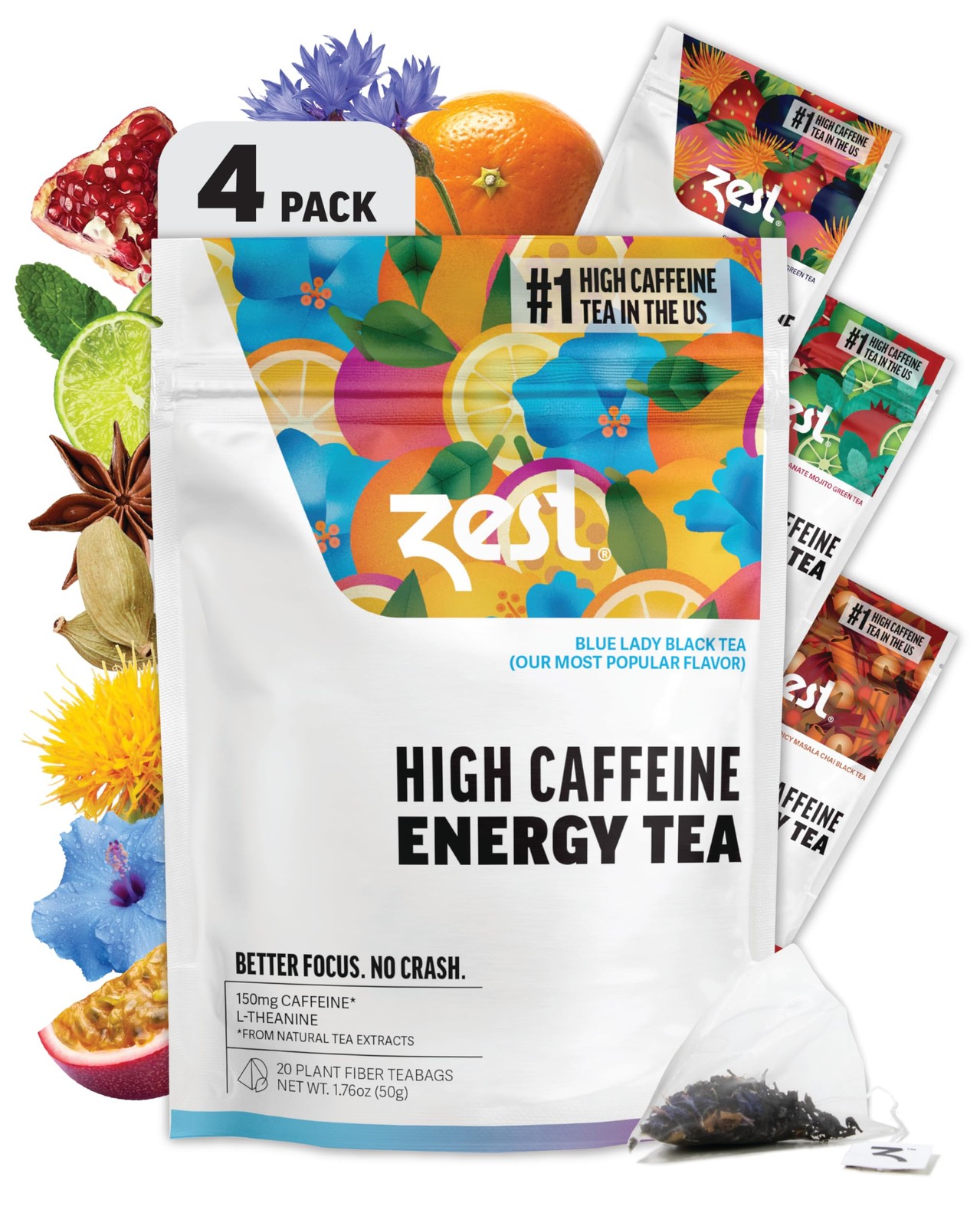 Zest Energy Tea Assortment Box – High Caffeine Tea Bags Sampler with Black G…