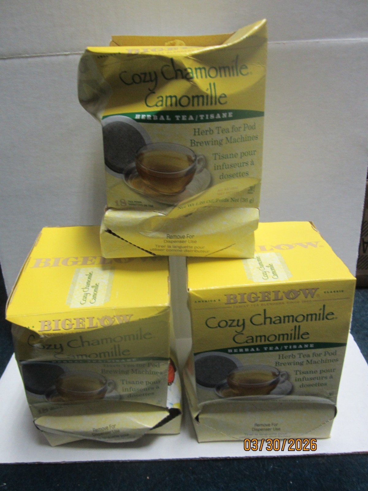 Bigelow 18ct Cozy Chamomile Herbal Tea For Pod Brewing Machines LOT OF 3! AS IS