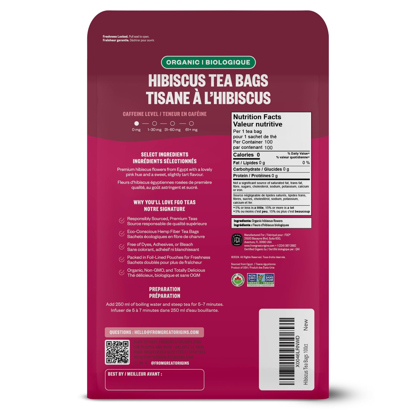 FGO Organic Hibiscus Tea, 100 Count, EcoConscious Tea Bags, Caffeine Free, Pa…