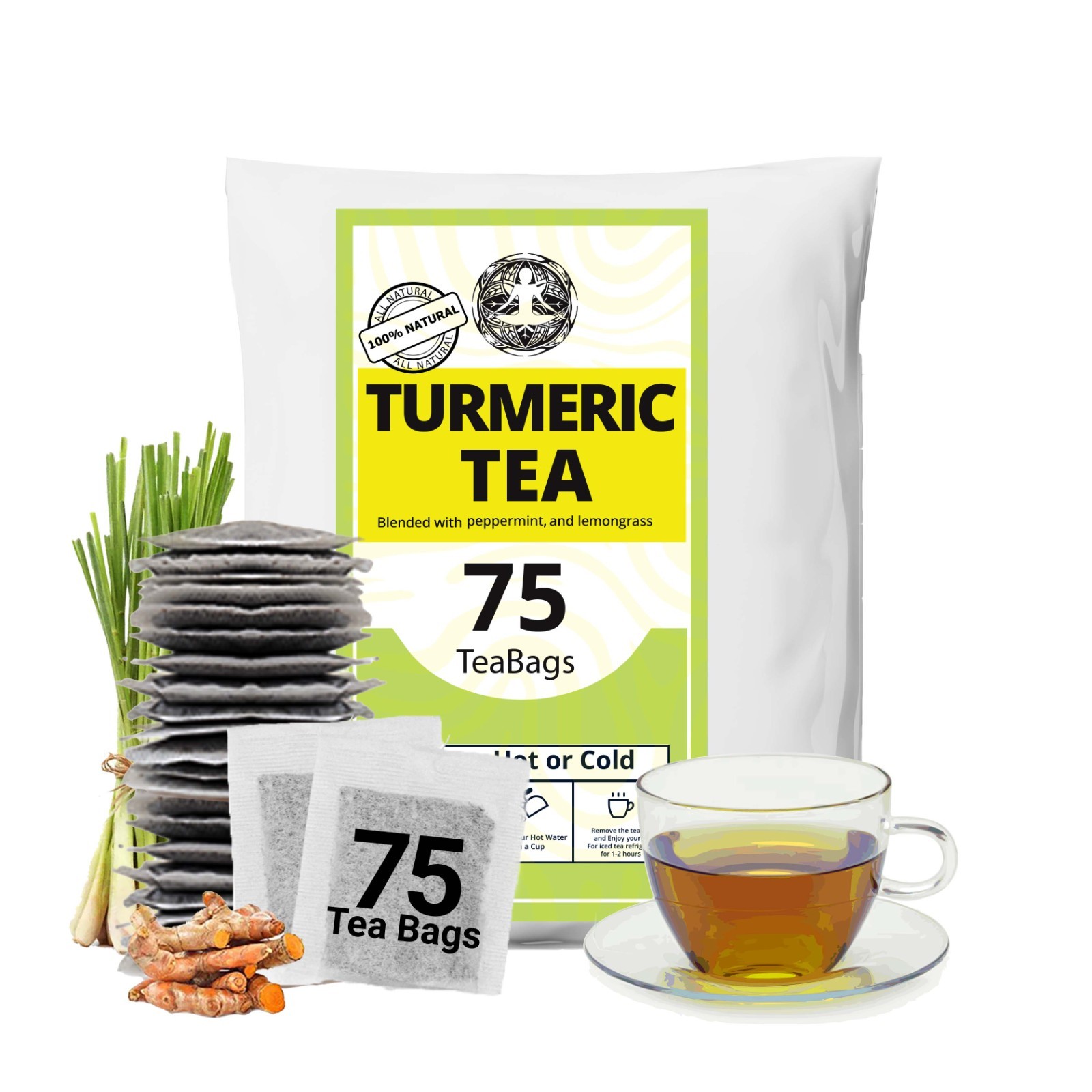 75 Turmeric Tea Bags, Turmeric Tea Blend, Caffeine-Free Detox Tea
