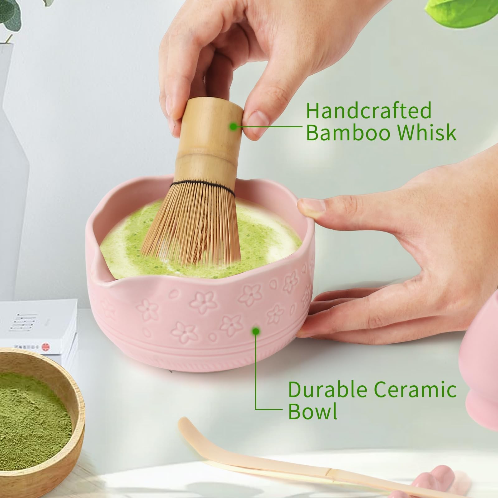 Matcha Whisk Set, Japanese Ceramic Matcha Bowl with Spout, Bamboo Whisk, Sift…