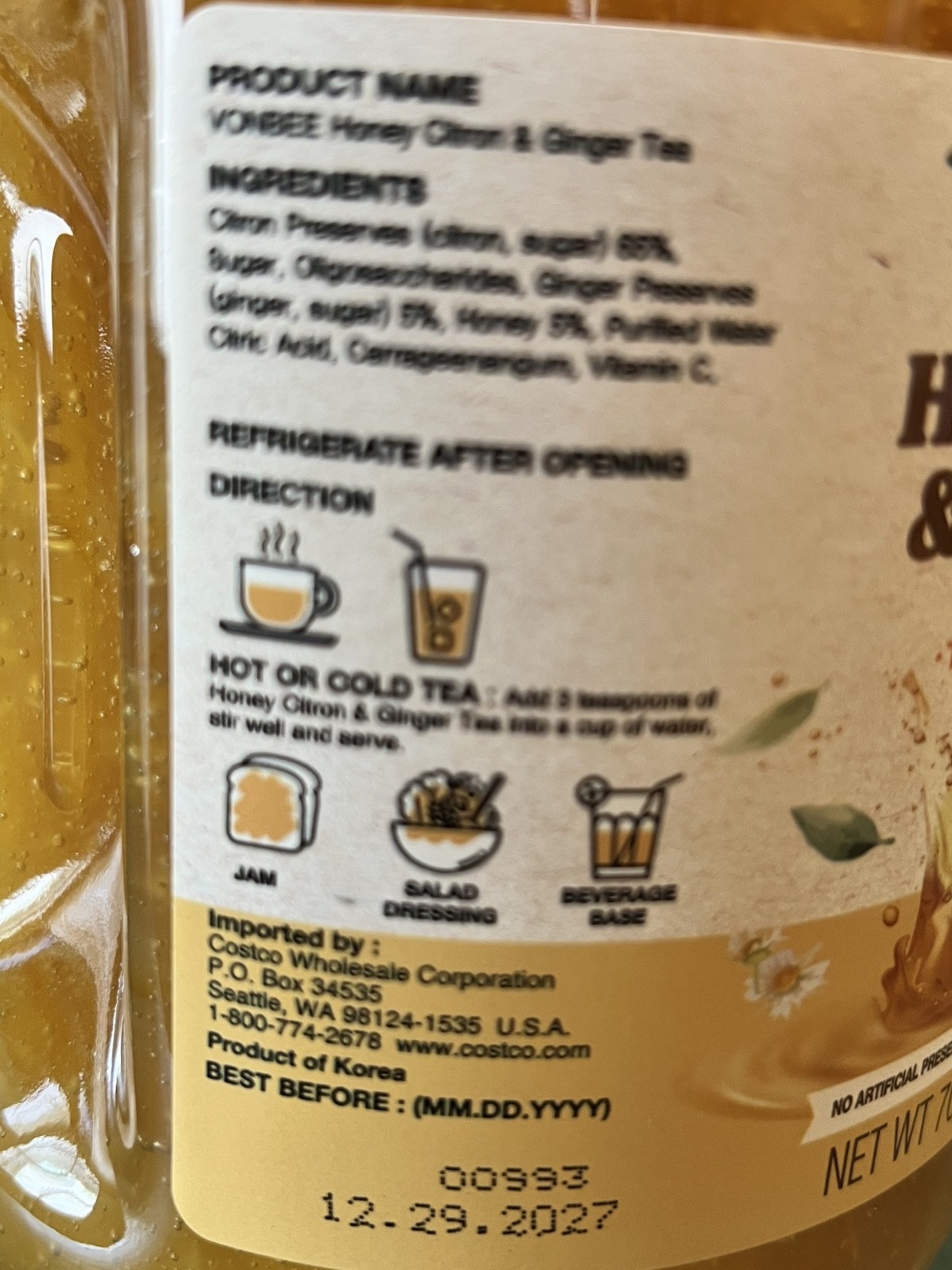 VONBEE HONEY CITRON & GINGER TEA 4.4 Lb