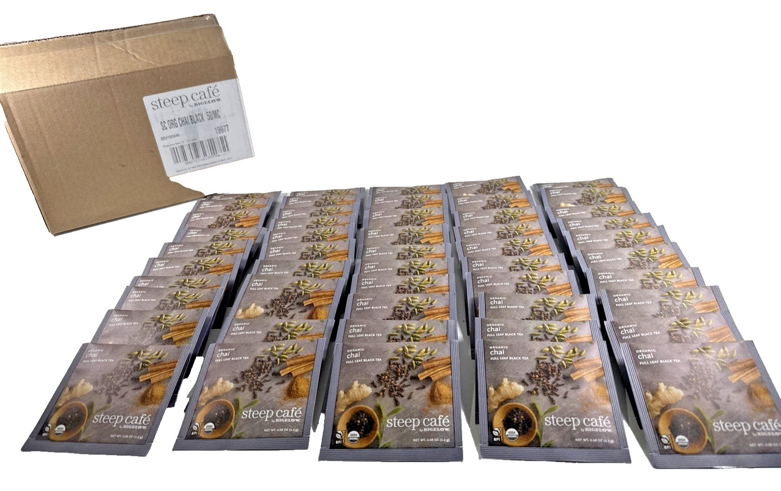 NEW 50 Individual SEALED Bags Steep By Bigelow Café Organic CHAI BLACK TEA
