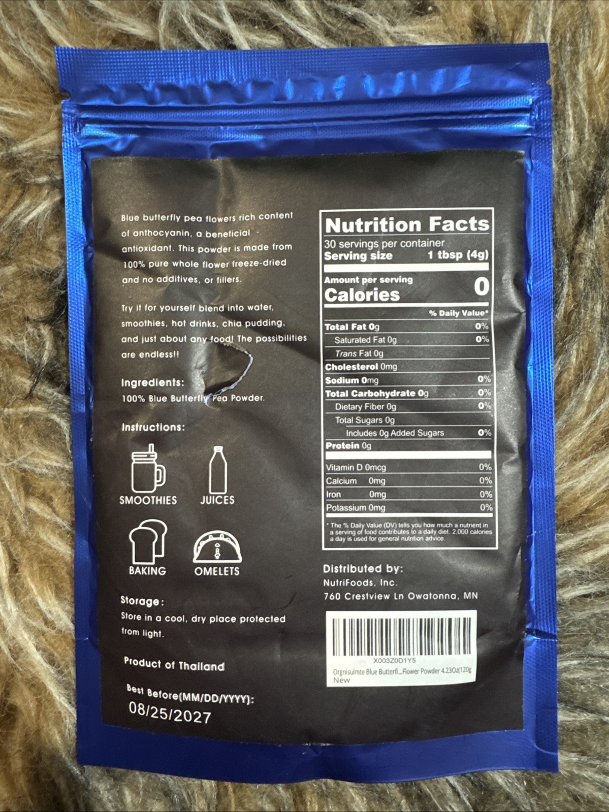 ORGNISULMTE Original Blue Butterfly Pea Powder, 4.23 oz Exp. 8/27 Sealed