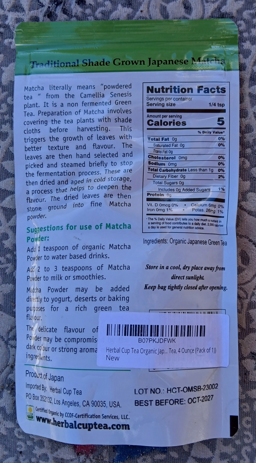 Herbal Cup Tea Organic Japanese Matcha-4 Oz.-NEW IN SEALED PACKAGE-EXP. 2027