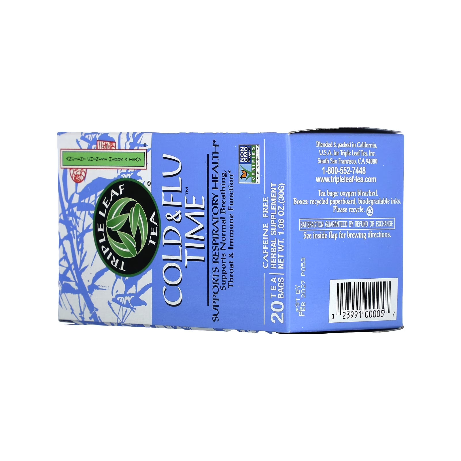Triple Leaf Tea COLD & FLU TIME Caffeine Free 20 Tea Bags 1.06oz box