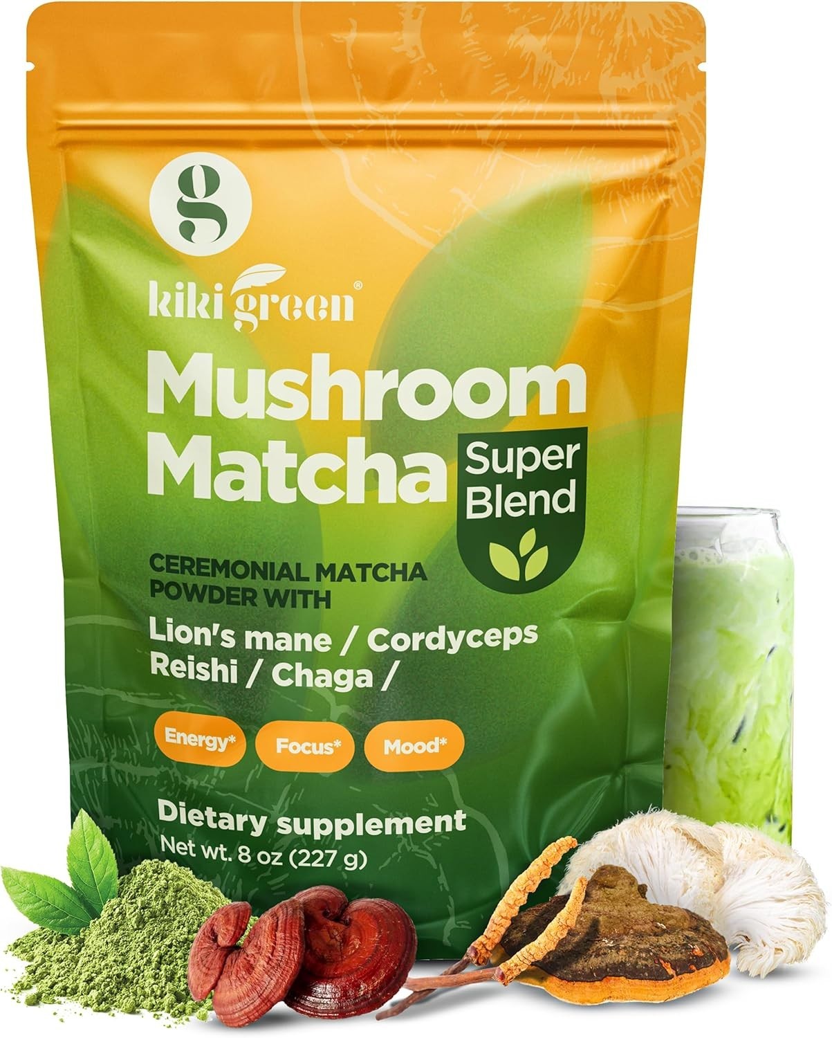 KIKI Green Mushroom Matcha Super Blend – Matcha Powder with Lion’s Mane, Chaga,