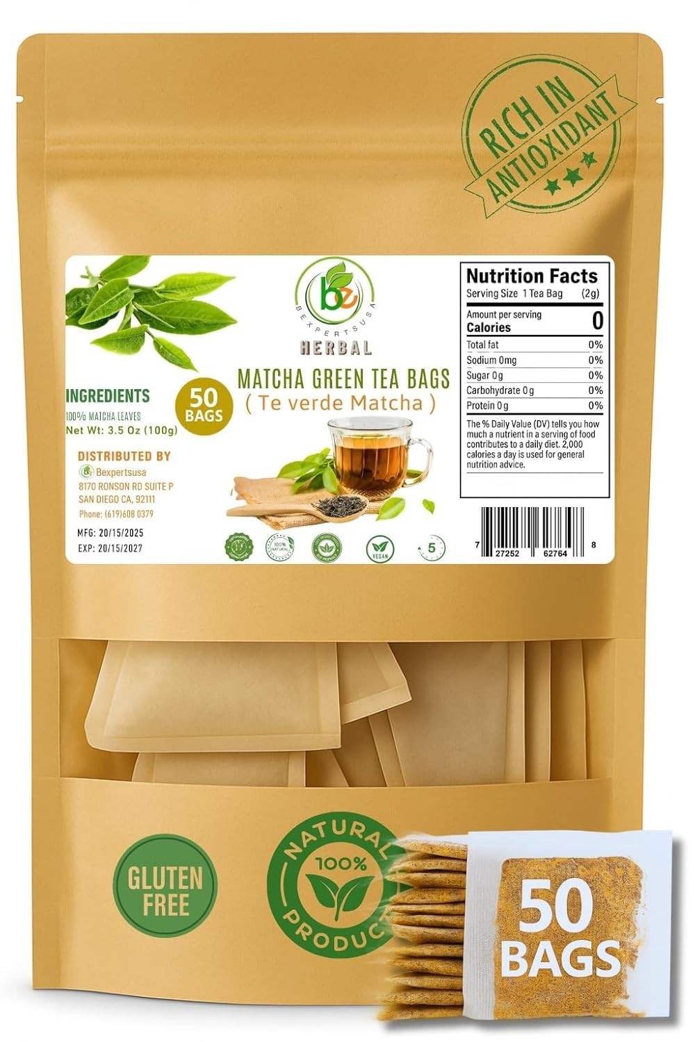 Green Matcha Tea – 50 Tea Bags (2 g Each) Premium Japanese-Style by BexpertsUSA