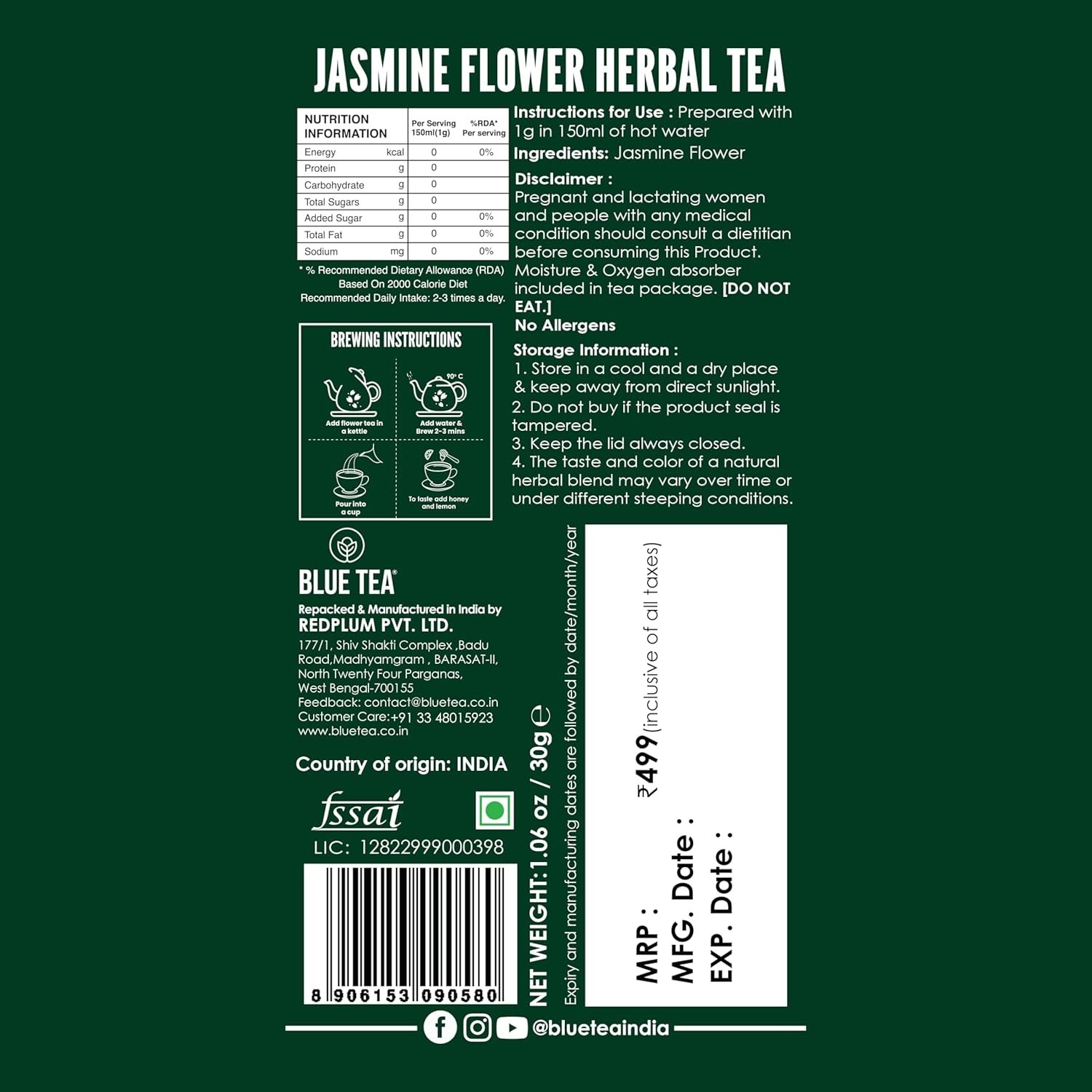 BLUE TEA – Jasmine Tea – 30gm – 30 Cups | FOR SLIMMING BODY & STRESS RELIEF |
