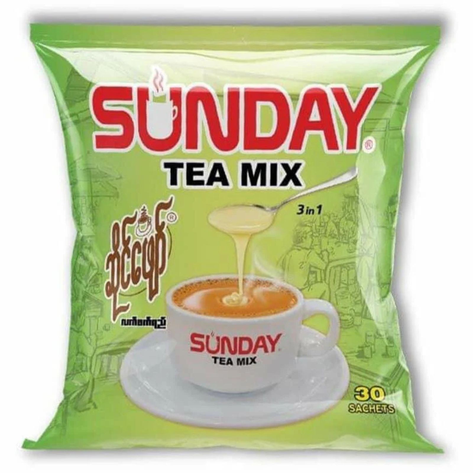 Sunday 3-in-1 Tea Mix (Tea Shop Style) – 30 Sachets, Authentic Myanmar Tea