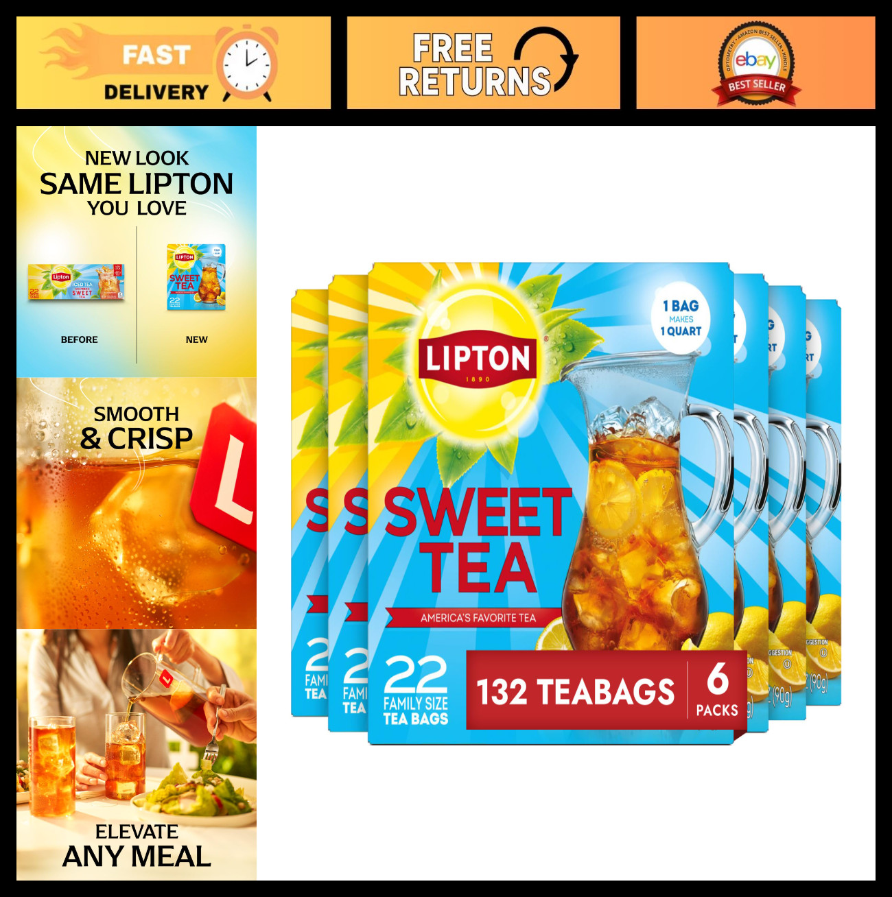 Southern Sweet Iced Tea Bags – Family Size, Zero Calories, 132 Bags (6 Packs)